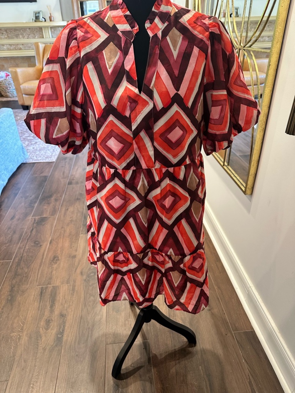THML Red & Pink Geometric Tiered Dress
